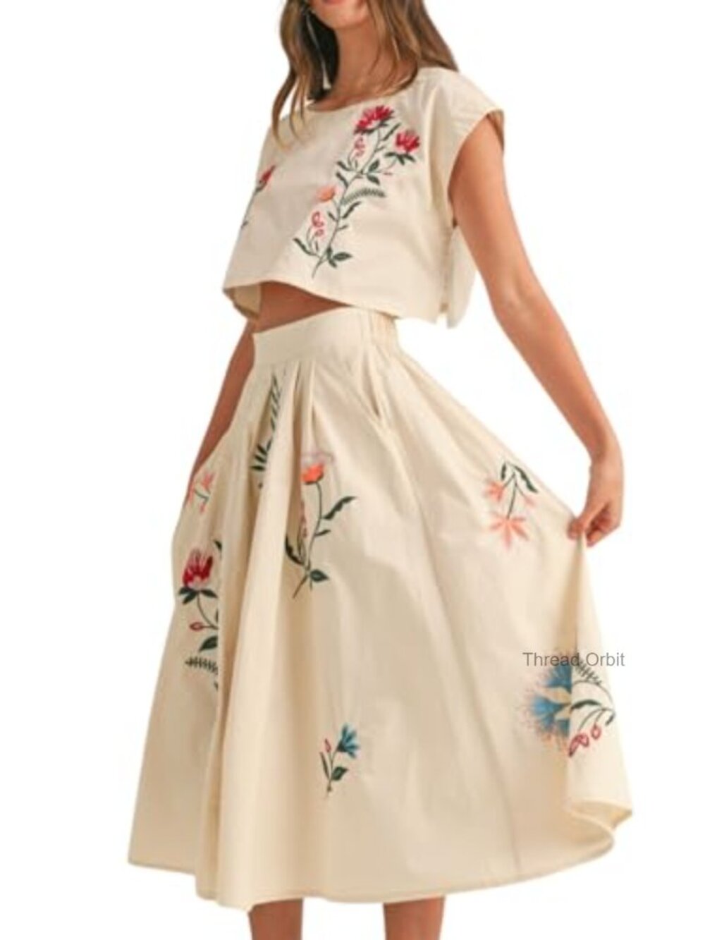 Floral Embroidered 2 Piece Dress Set Sleeveless Tank Top and Skirt Loose Fit